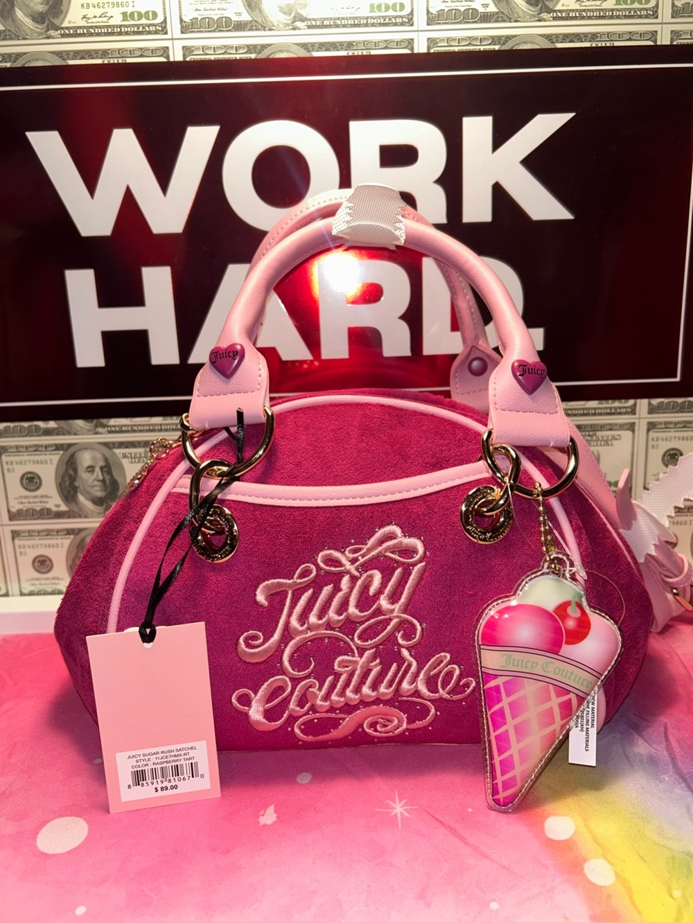 Juicy Couture Hot Pink Velvet Dome Satchel with Pink Trim & Gold Hardware
